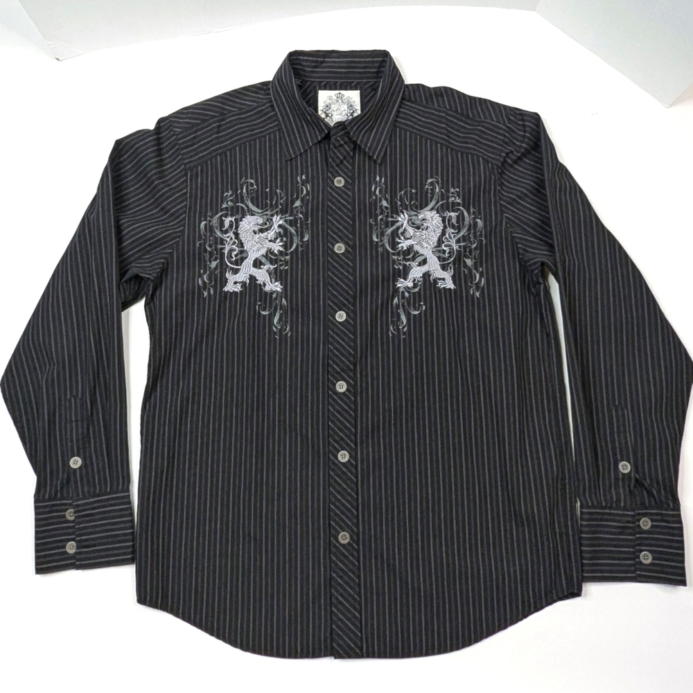 Red Level Nine Shirt Men's Sz XL Black Gray Pin Stripes Long Sleeve Button Up